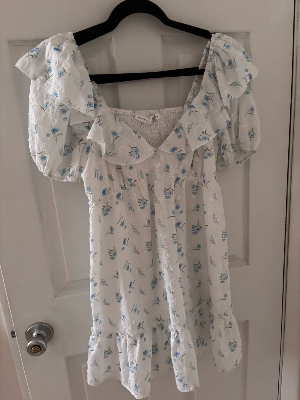 Altar'd State White Dress with Blue Floral Ruffles